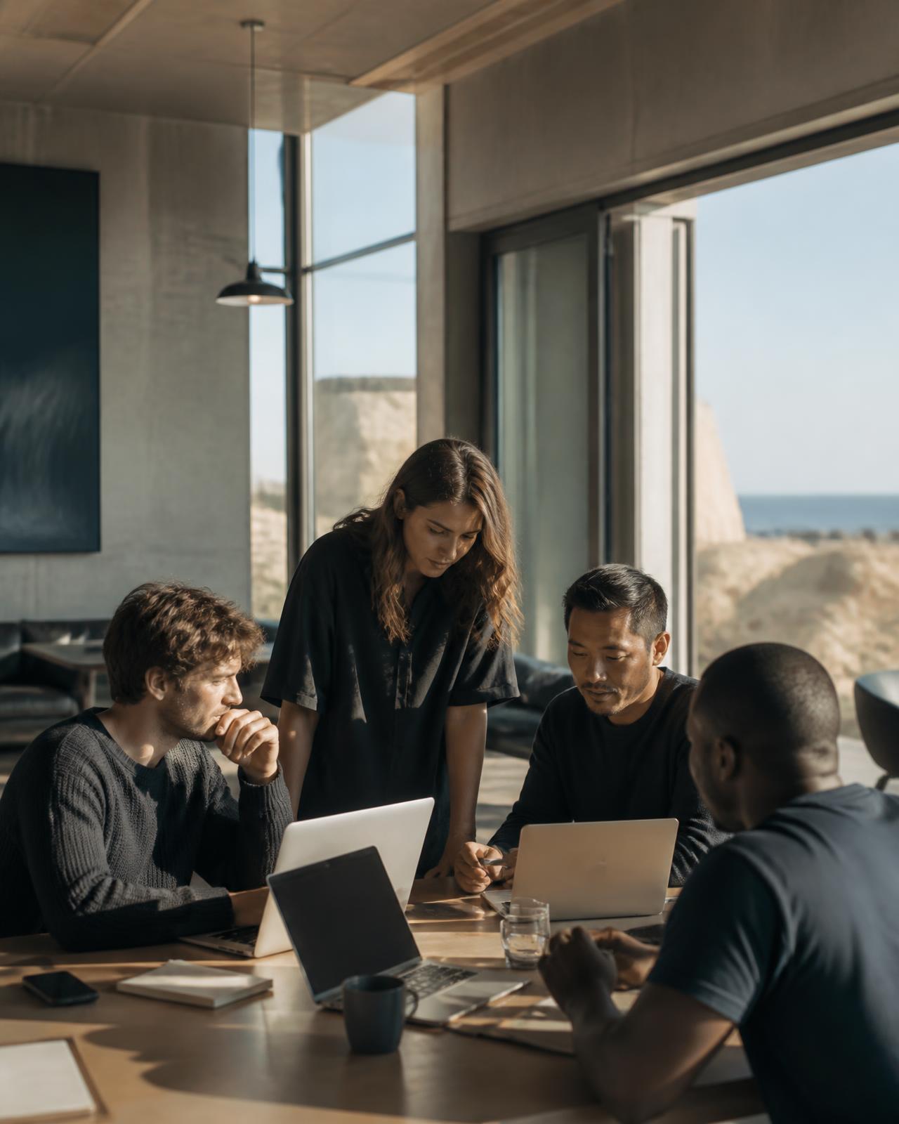 An international founding team working together in a light-filled coastal workspace